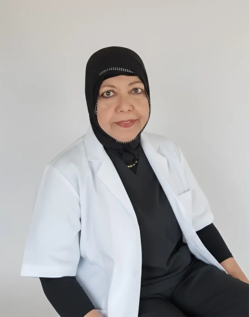 Professional portrait of Dr. Kamal K. Hossain in a white lab coat and black hijab on a white background.