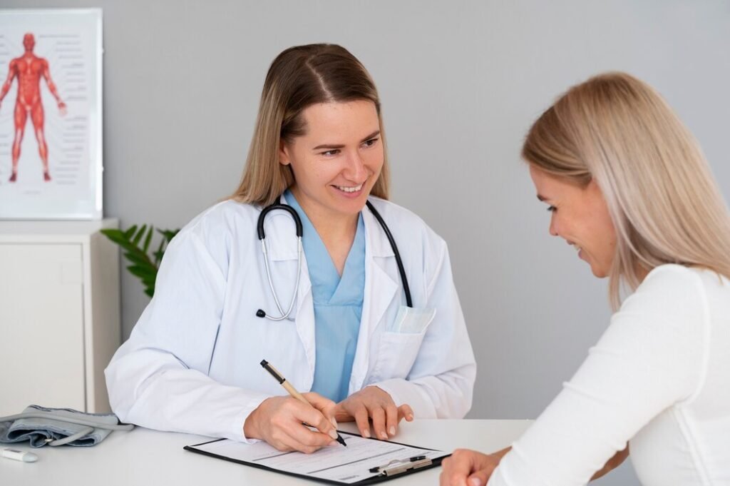 Doctor performing a physical check on a patient in Rancho, California.