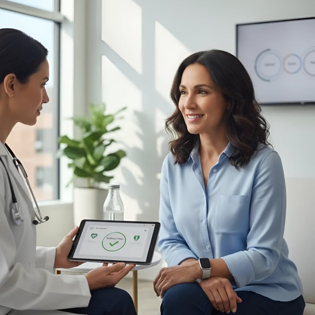 A female physician presenting a digital wellness plan on a tablet to a smiling patient in a sunlit Rancho Southern California wellness center.