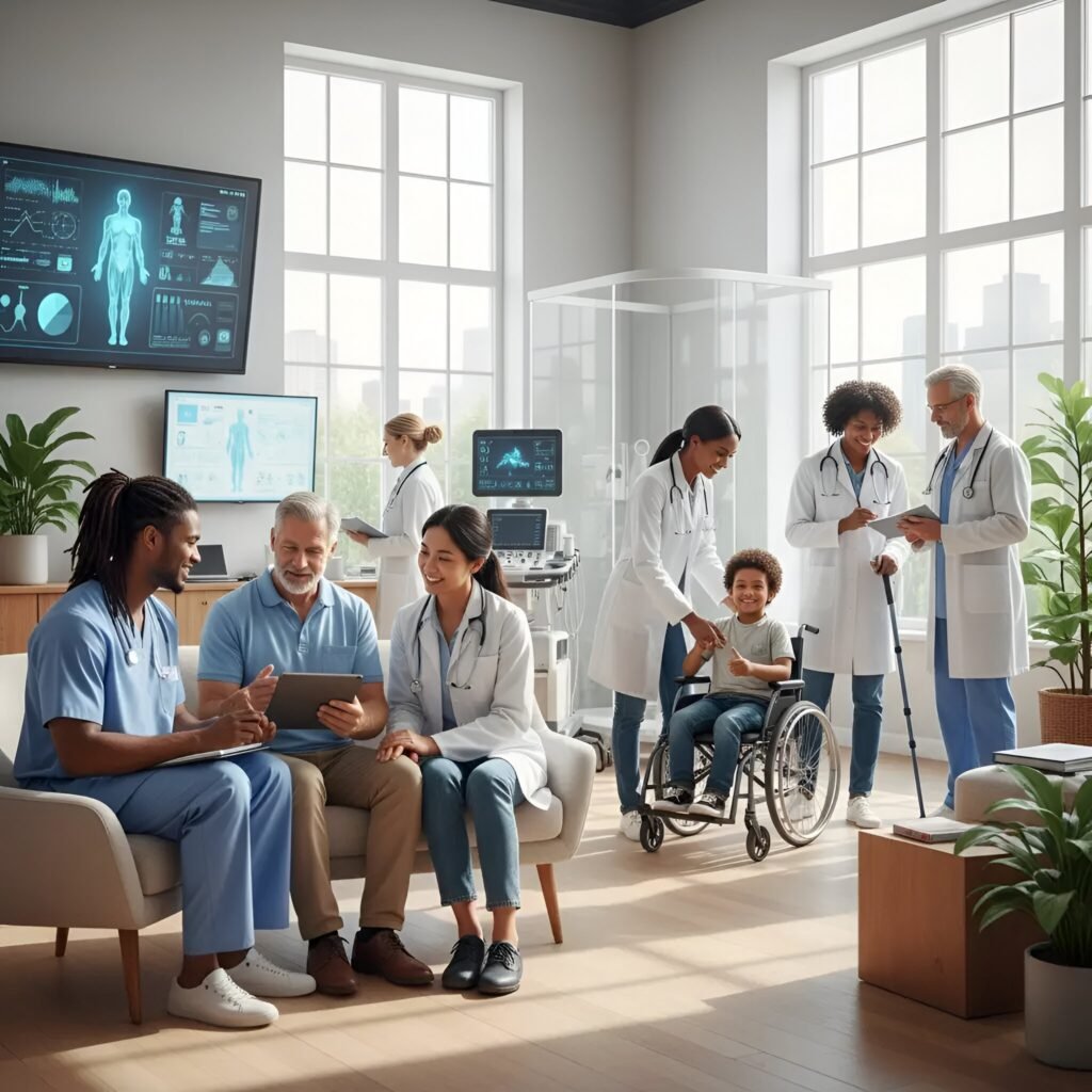 Modern Southern California clinic with doctors and nurses using tablets, including a pediatrician consulting a child in a wheelchair.