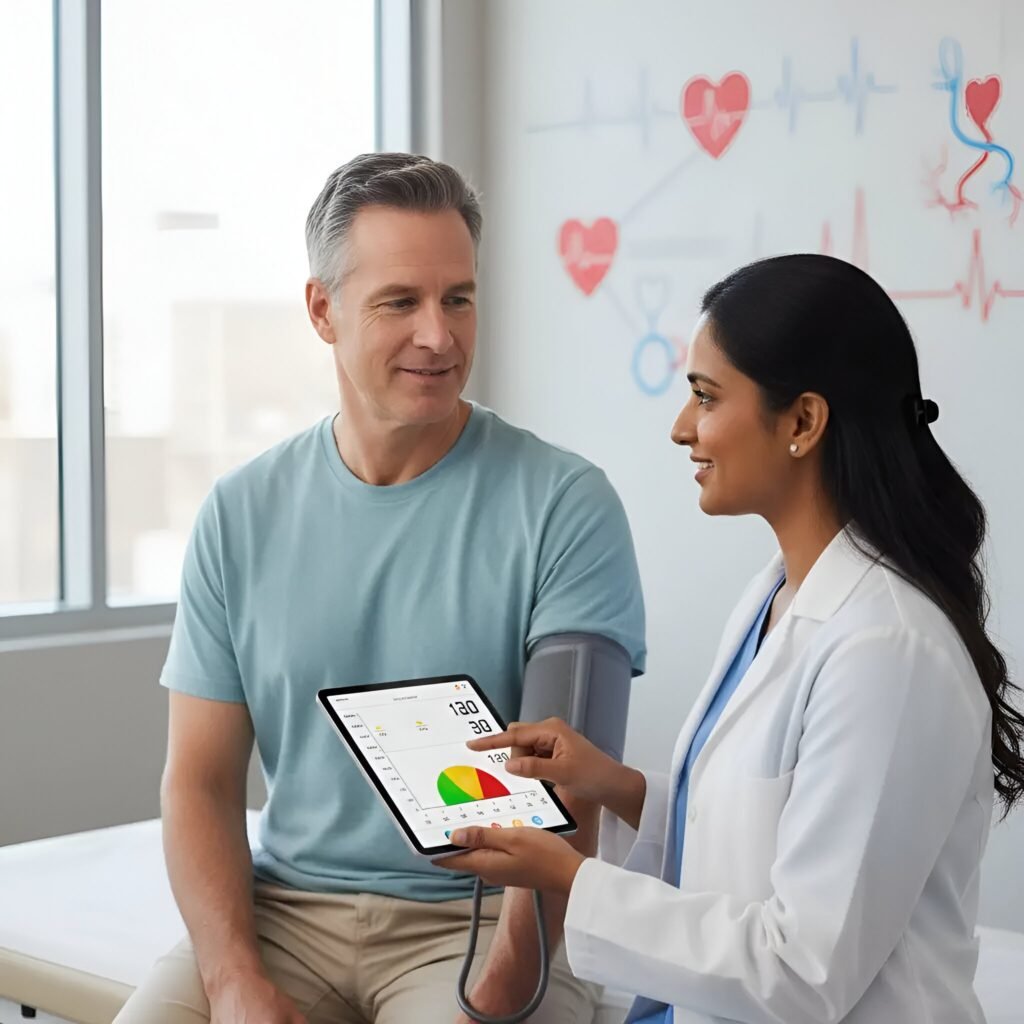 A female doctor reviewing vital signs on a tablet with a male patient in a modern Southern California clinic.
