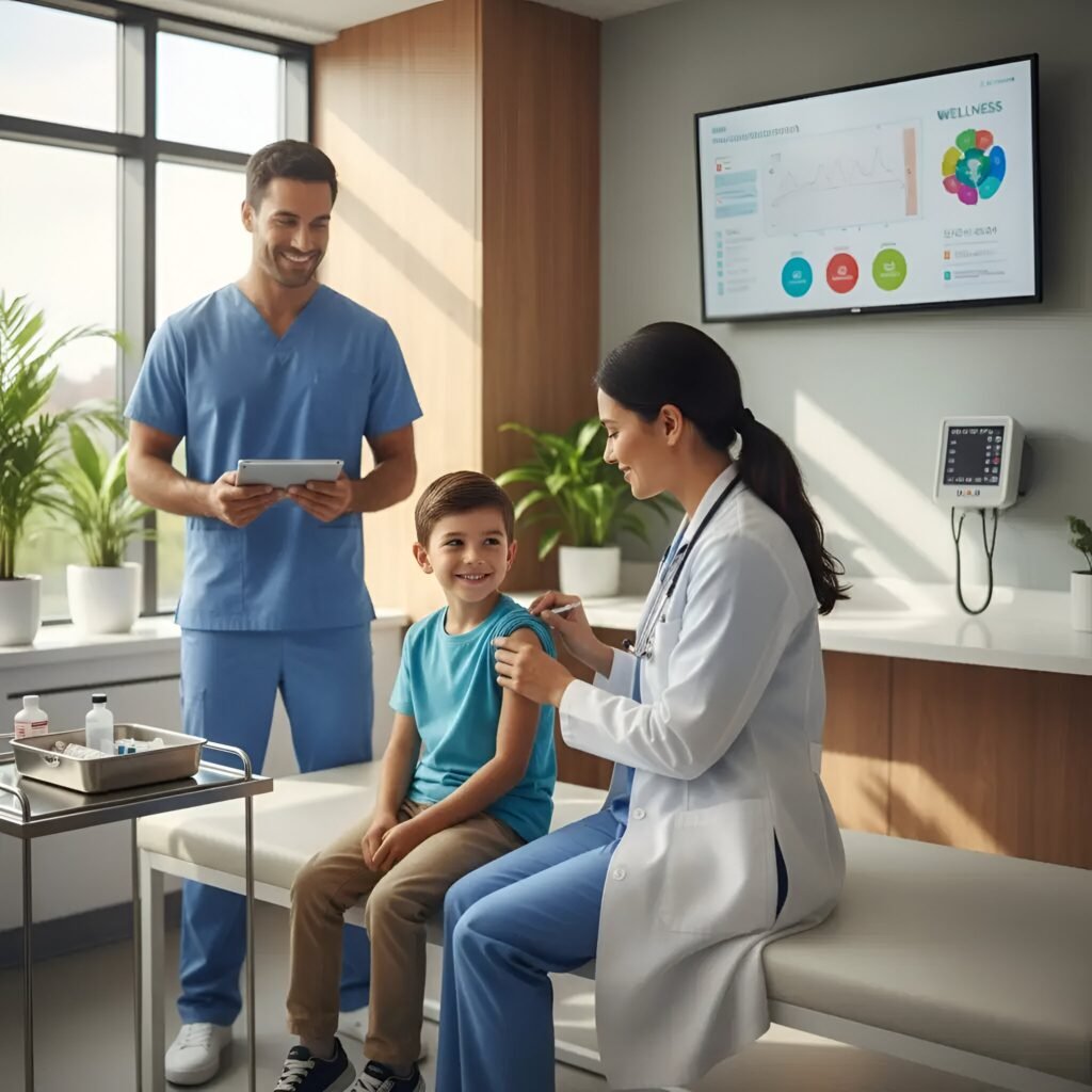 Southern California pediatric clinic with a female doctor giving a vaccination to a boy, while a nurse uses a tablet and a wellness dashboard displays on a wall monitor.