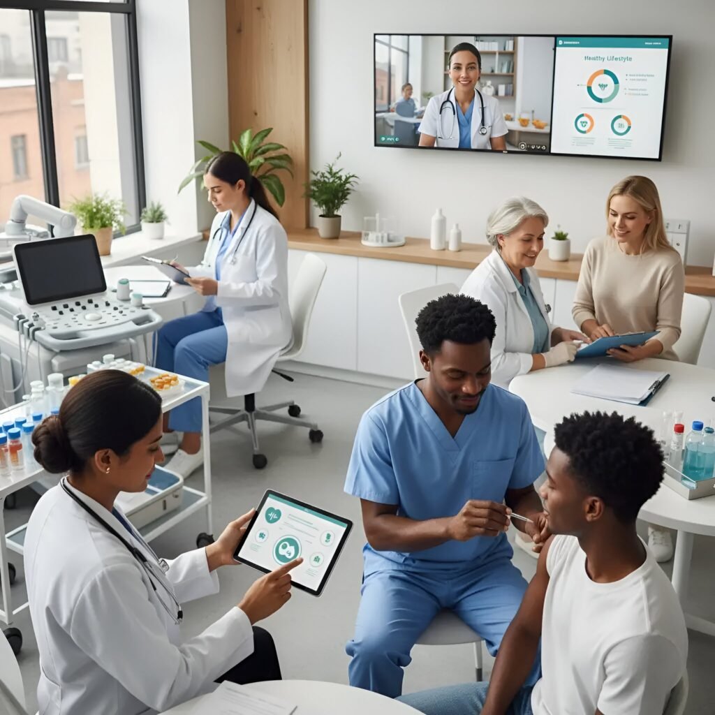 Rancho, CA medical center with doctors using tablets, telehealth, and modern diagnostic equipment.