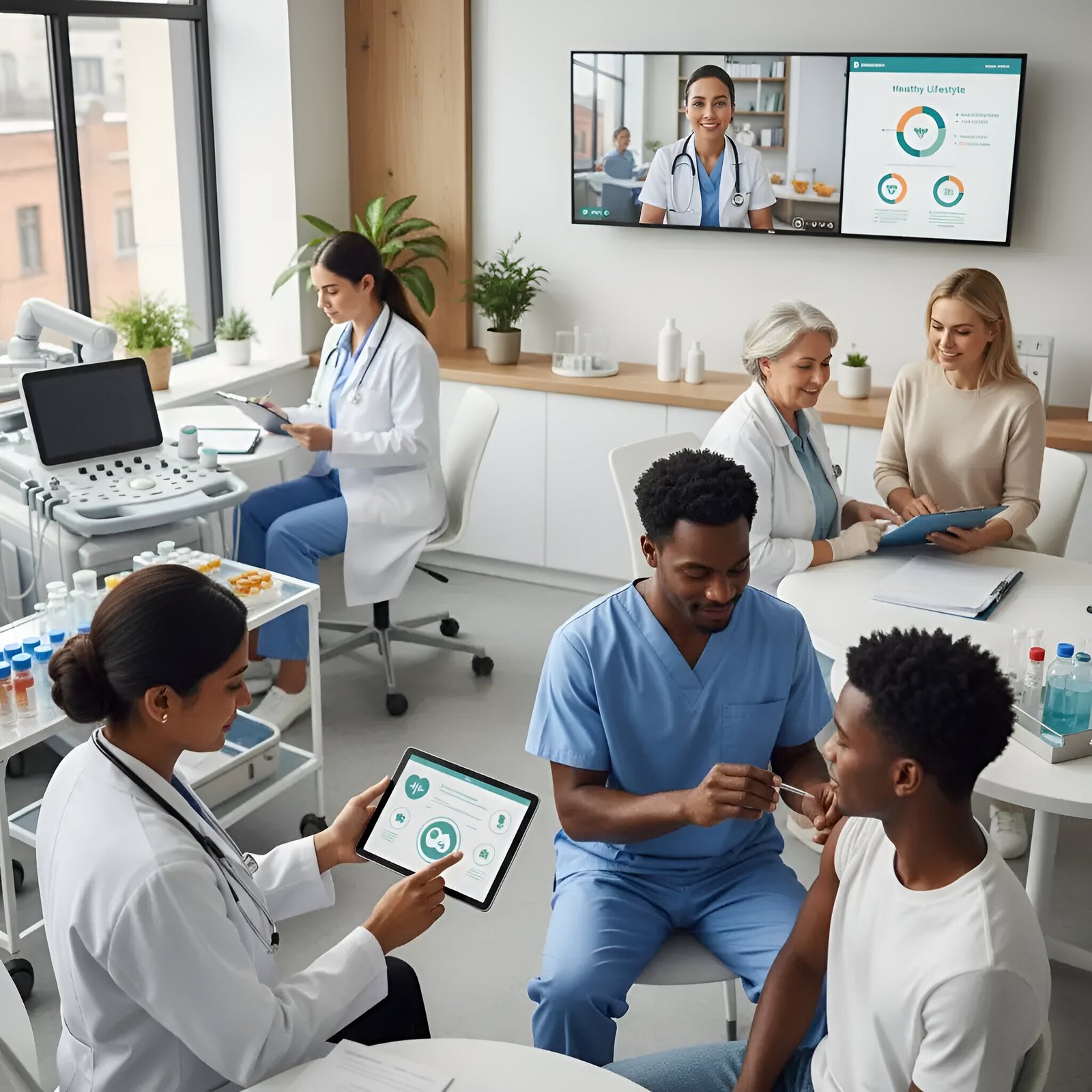 Rancho, CA medical center with doctors using tablets, telehealth, and modern diagnostic equipment.