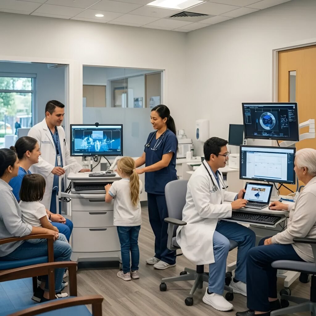 A diverse team of doctors and nurses consulting with patients using digital imaging and telehealth monitors in a modern Rancho Southern California medical facility.