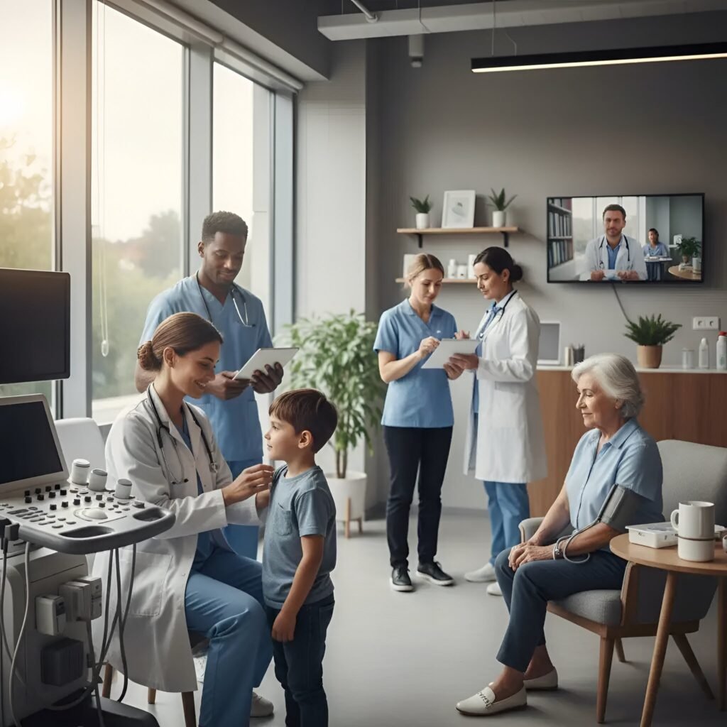 Modern Southern California clinic with a doctor examining a child by an ultrasound, staff reviewing digital records, and an elderly patient getting a blood pressure check.