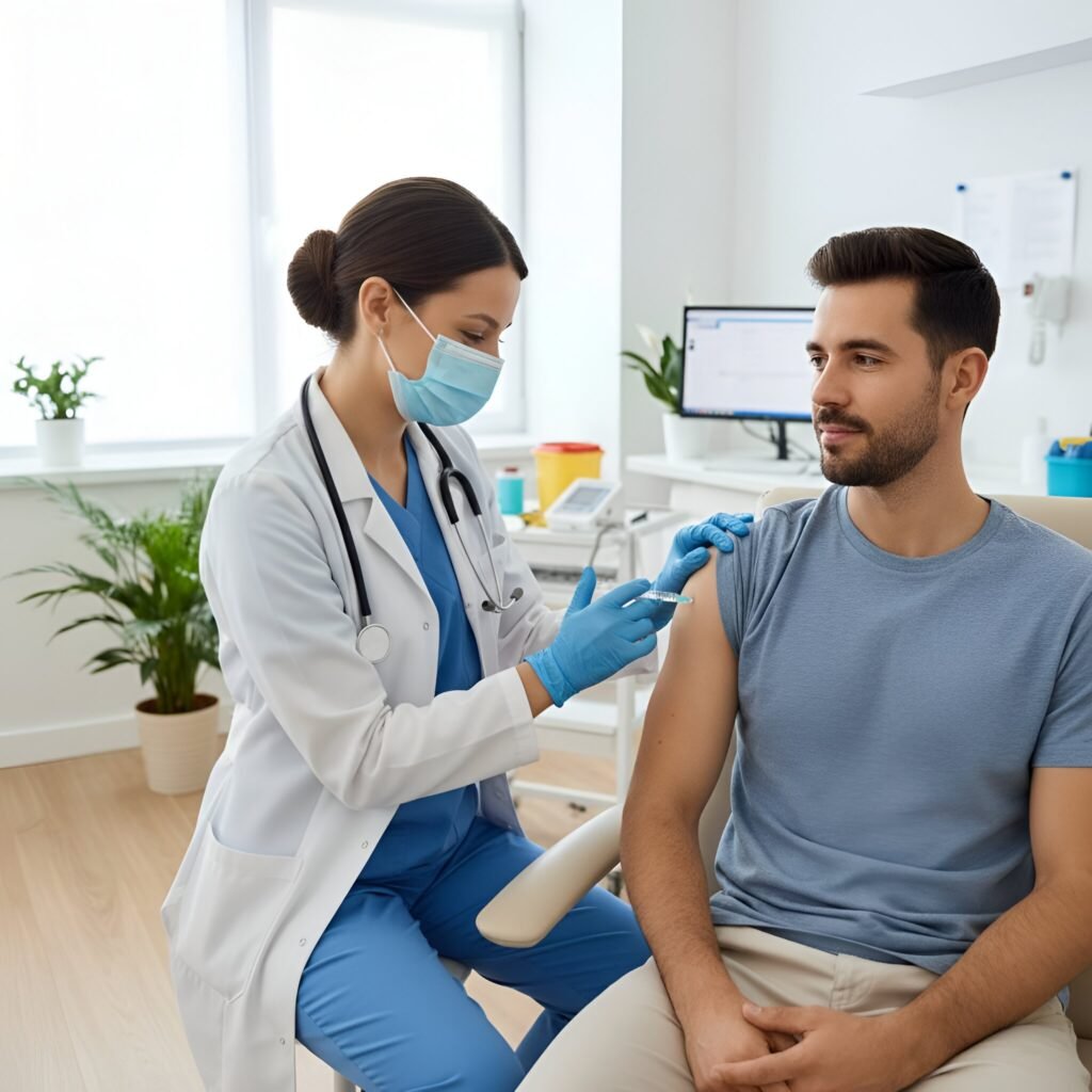 Modern Southern California clinic with a female healthcare worker in scrubs and mask giving an injection to a male patient.
